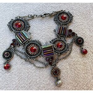 Vintage Art Deco Revival Bracelet Red Rhinestones Rainbow Glass Silver Tone